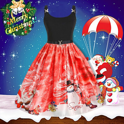 

Tailored Womens Fashion Straps Vintage Santa Claus Snowflake Print Christmas Dress