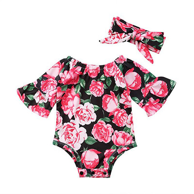 

2Pcs Spring Autumn Fashion Baby Girl Clothing ChildrenFlower Printing Long Sleeve Bodysuits And Headband Kids Outfit Sets