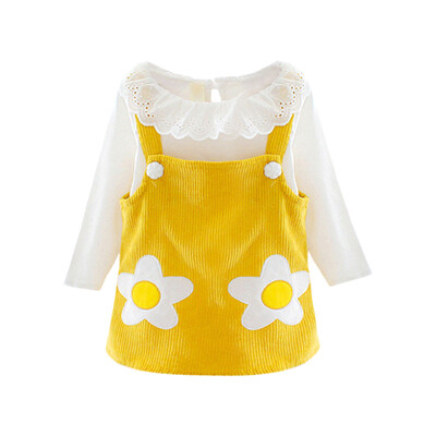 

Baby Girl Clothes 0-3T Autumn New Girls Flower Print Long-sleeved Sets White Top Corduroy Sling Dress 2 Pieces Sets