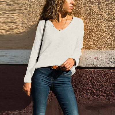 

Gobestart Womens V-Neck Solid Color Matching Long-Sleeved Slim Sweater Pullover Sweater