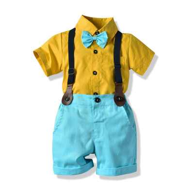 

0-4Y Lapel Cotton Summer Casual Baby Boy Set Gentleman Shirt With Bow Tie And Suspender Pants Kit Kids Overalls 2019