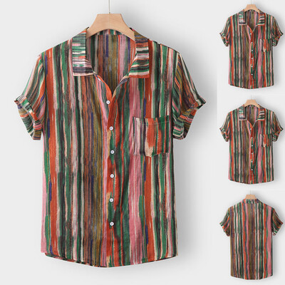 

Toponeto Fashion Mens Casual Button Hawaii Striped Print Beach Short Sleeve Top Blouse