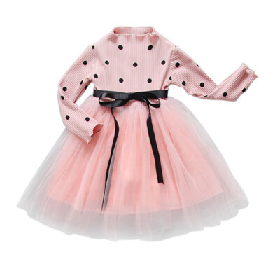 

2018 Baby Girls Dresses Long Sleeve Princess Polk Dot Dress Autumn Round Neck Lace Princess Party Prom Tulle Dresses