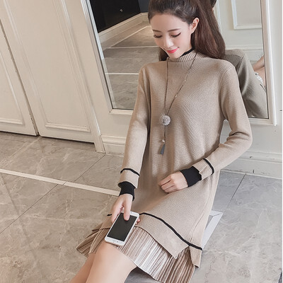

Autumn solid color dress pullover bottom stitching design womens knit dress Korean long sleeve knee-length dress