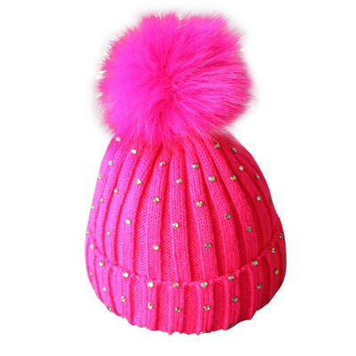 

Baby Boy Girl Winter Warm Lined Earmuffs Knitted Big Fur Ball Braid Solid Color Hat Beanie Knit Caps