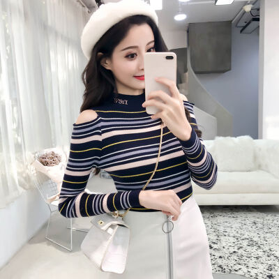 

Fashion Stripes Print Women Sweater Autumn Winter New Slim Long-Sleeved Round Neck Sexy Slim Bottom Knit Sweater