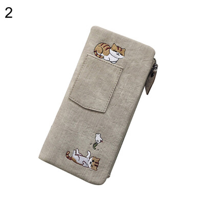 

Cartoon Cat Embroidery Women Long Purse Card Cash Holder Faux Leather Clutch Bag
