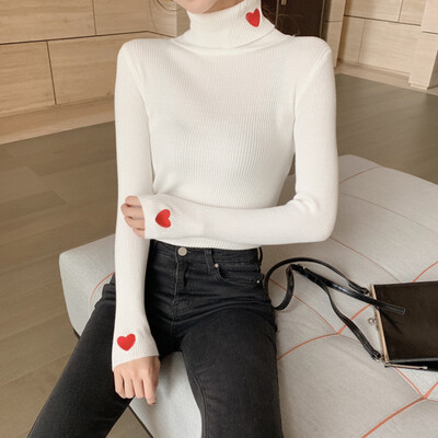 

Women Autumn Winter Simple Sweater Pullover Cute Embroidery Casual Slim High Collar Long Sleeve Sweet Sweaters HX01