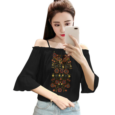 

2019 Fashion Summer Sexy Women Chiffon Blouse Off Shoulder Print Floral Casual Blouses Flare Sleeve Shirts