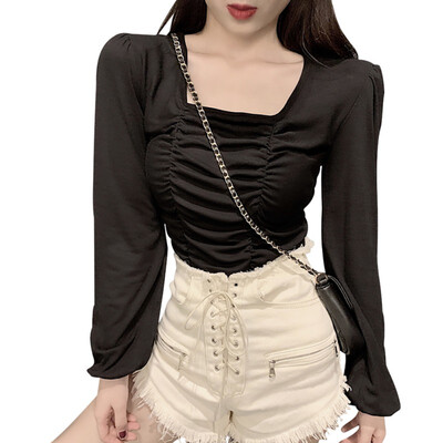 

Square Collar T Shirt Women Wrinkle Leakage Clavicle Tshirt Solid Color Loose Long Sleeve Casual Simple Wild T-Shirt Tops