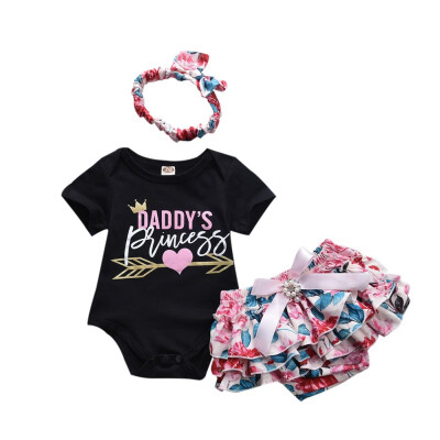 

Summer Baby Girl Casual Short Sleeve Letter Print Romper Tops Floral PP Pants With Headband Outfits Set