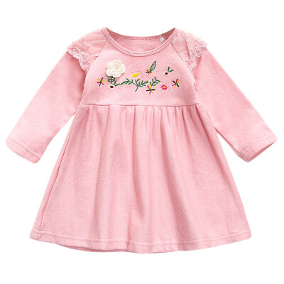 

Children Spring Autumn Girls Cute Embroidered Lace Stitching Round Collar Princess Long-Sleeved Sweet Princess Dress