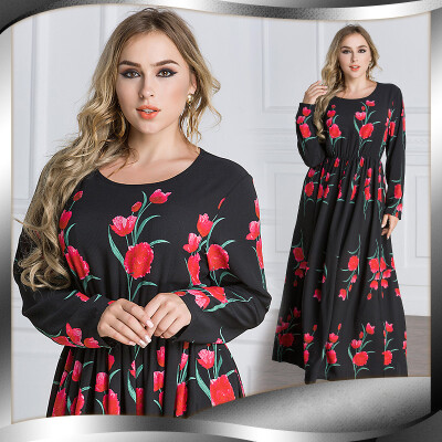 

New Fashion Plus Size Maxi Dress Rose Print O Neck Long Sleeve Elastic Waist Long Dress Black