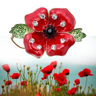 

Large Red Remembrance Poppy Pin Brooch Banquet Crystal Badge Gold Flower Gift