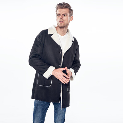 

Gobestart Winter Mens Fleece Collar Composite Lamb Fur Casual Single Breasted Windbreaker
