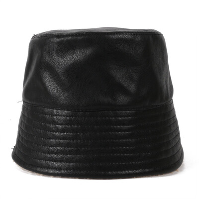 

Net Red Hat pu leather fisherman Hat womens day fallwinter fashion bucket Hat Korean version of Joker plus velvet basin Hat men