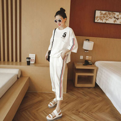 

Women Casual T-shirt Side Stripe Round Collar Short Sleeve Woman Tops Cropped Pants Slim Sweatpants Sportswear Two Pieces