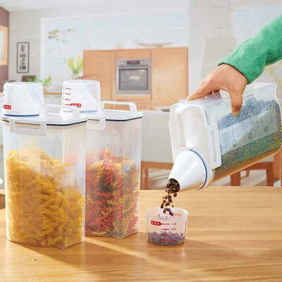 

Multifunction Clear Plastic Dried Food Storage Bins Grain Rice Beans Container Cereal Dispenser Holder with Graduated Cap