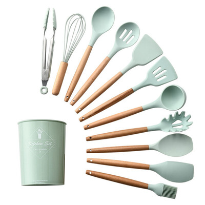 

11pcs Set Cooking Tools Premium Silicone Wooden Kitchen Cooking Utensils Set With Storage Box Turner Tongs Spatula Soup Spoon