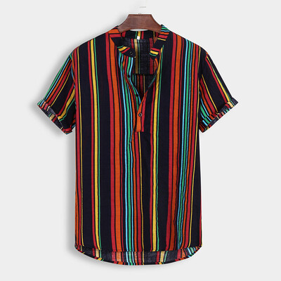 

Tailored Mens Summer Fashion Stand Collar Strip Print Short Sleeve Shirt Top