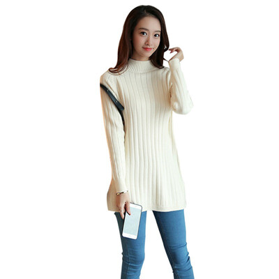 

Korean Style Long Section Half-neck Sweater Dress Striped Hem Split Dress Female AutumnWinter Women Solid Dresses
