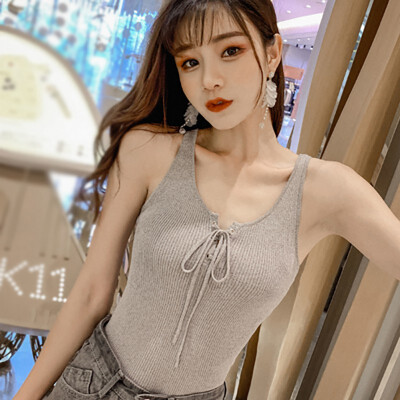 

2019 Summer Women Elegant New Style Fashion Design U Neck Sleeveless Lace Up Solid Vest Knitted Tank Top Womens Sleeveless Tops