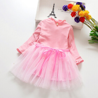 

Spring Kids Girls Dress Cute Long Sleeve Princess Costume Baby Solid Print Children Mesh Dresses with Pearl