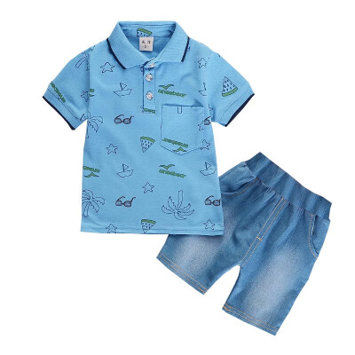 

Summer Kids Clothes for Boys Clothes Short Sleeve Cartoon Print Tops Blouse T-shirtDenim Shorts Children Casual Sets