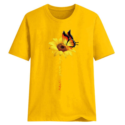 

Never Give Up Letter Butterfly Sunflower Short Sleeve T-Shirt Women Summer Top
