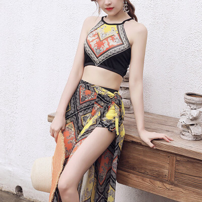 

Women Print Bikinis High Waist Swimsuit Push Up Wear National Style Bikini Three Piece Swimming Bathing Suit With Cover-up Skirt