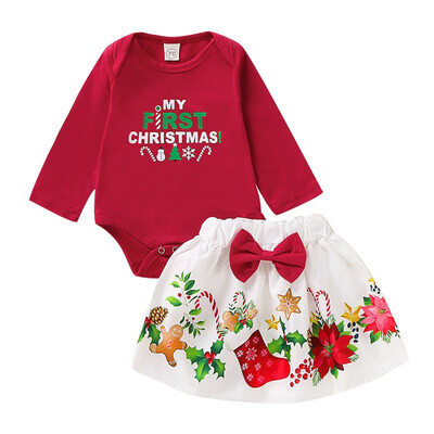 

New Baby Girl Christmas Letters Print Romper Set Newborn Long Sleeve Tops Floral Skirts With Bowknot Autumn Costume