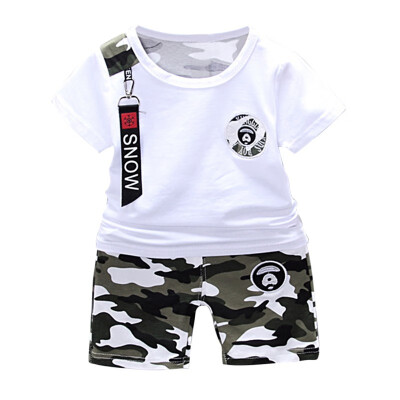 

Summer Children O Neck Short Sleeve Top Shirt With Camouflage Printed Shorts Kids Clothing Set 4 Colors Available