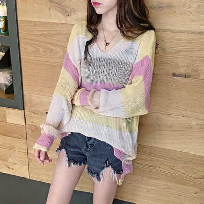 

Fashion Wild Sweater Women Autumn Winter Rainbow Stripes Print Slim Long Sleeved Round Collar Slim Bottom Knit Sweater Female