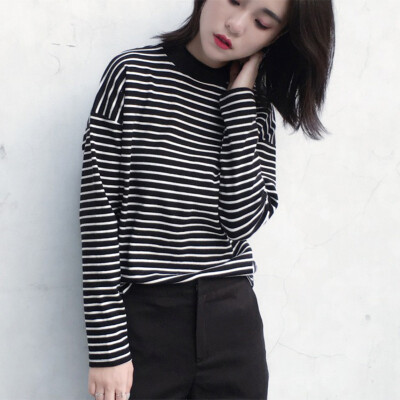 

Women Turtleneck Korean Style T Shirt Harajuku Crop Top Long Sleeved Striped Tops