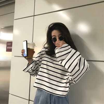 

Womens Lovely CasualBlack White Striped T-shirt s Loose Long Aleeve Plus Size Korean Style Ladies Harajuku Trendy Clothes