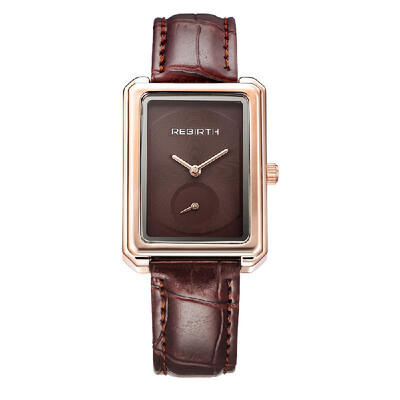 

REBIRTH Women Brand Wrist Watches Ladies Watch Leather Fashion Square Quartz Watches Brownrose golden