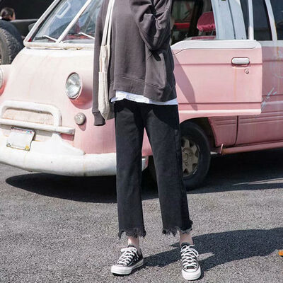 

Women Autumn Solid Color Loose Denim Wide Leg Loose Elastic High Waist Tie Straight Casual Pants