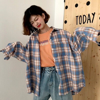 

EFINNY Summer Korean Style Pocket Plaid Pattern Women Long Shirt Fashion Casual Lapel Long Sleeve Blouse