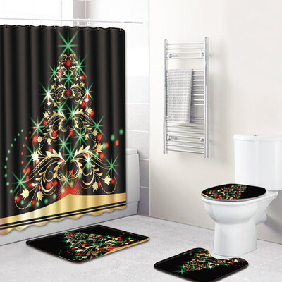 

4Pcs Bathroom Mat Christmas Decoration Bath Toilet Rug Seat Cover Shower Curtain