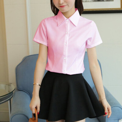 

2019 Chiffon Shirt Womens Tops&Blouses Short Sleeve Elegant Lapel Office Lady Blouse Temperament Solid Color Summer Shirt