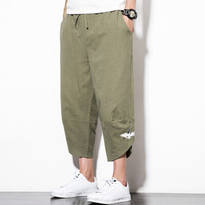 

Tailored Mens Summer Fashion Leisure Cotton And Linen Embroidery Loose Calf-Length Pants