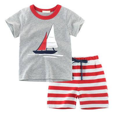 

Kids Boys Casual Short Sleeve Outfits Sets Cartoon Car Aircraft Printed Tops T-shirt Stripe Shorts 2PCS