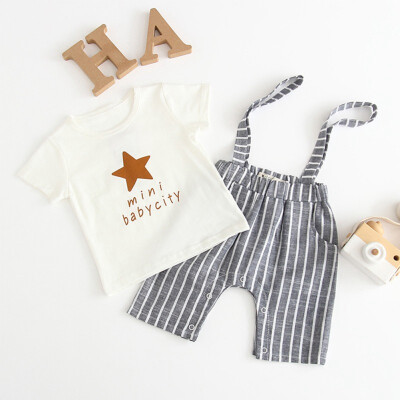 

Handsome Summer Baby Boys Short Sleeve Letter Print Tops T-shirt Strap Striped Shorts Toddler Casual Outfits Sets