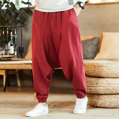 

Gobestart Mens Casual Fashion Loose Pure Color Hip Hop Style Cotton And Linen Length Pant