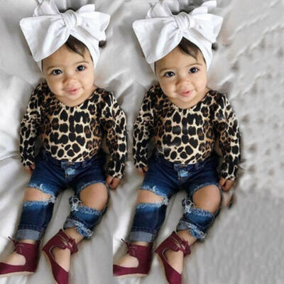

Toddler Baby Kid Girls Clothes Shirt Tops Leopard SkirtHole Denim Pants Outfits