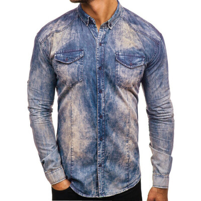 

Tailored Men Casual Contrast Color Panel Button Down Denim Shirt With Pockets Top Blouse