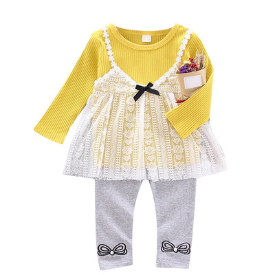 

Spring Autumn Baby Girls Casual Cute Lace Design Long Sleeve Dress With Cropped Trousers Kids Toddler Sundress Two-piece Set