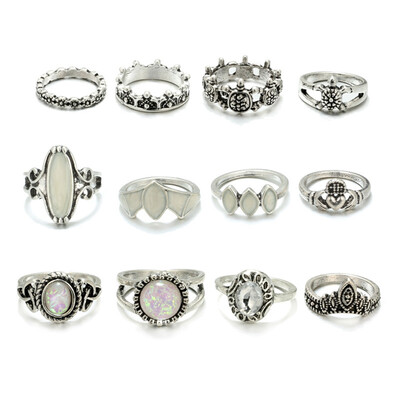 

12pcsPair Vintage Heart Shaped Gemstone Oil Turtle Hollow Crown Rings