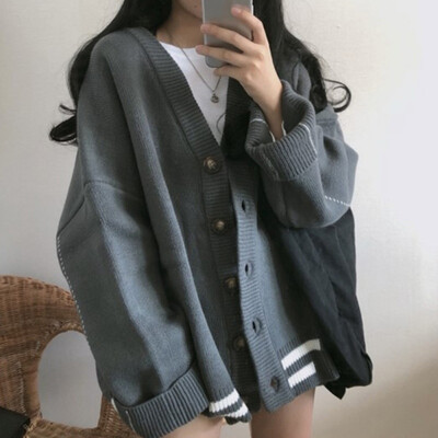 

Women Long Sleeve Single Breasted Sweater Fashion Loose Cardigans Sweaters Striped Female V-Neck Tops
