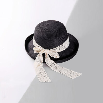 

Hat childrens Korean version summer beach holiday hat with large turned eaves lace ribbon sun hat with sun protection straw hat